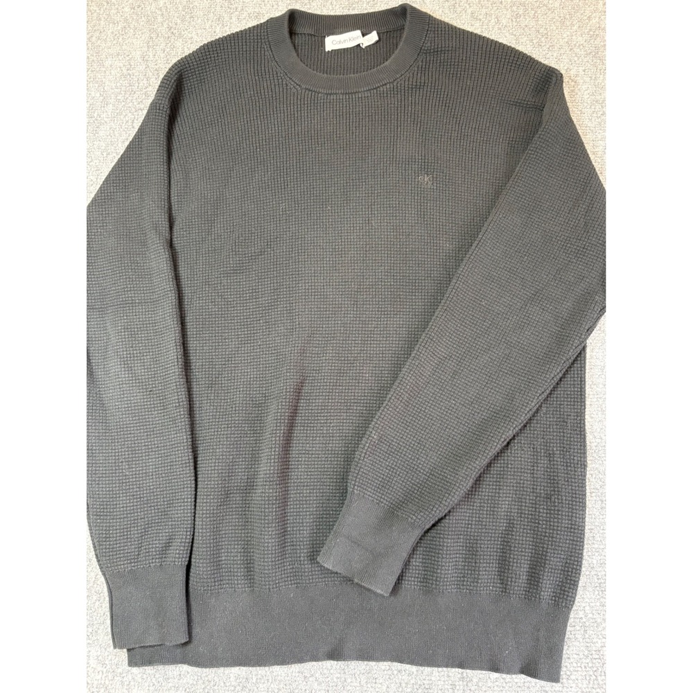 Calvin Klein Mens Waffle Knit Crewneck Sweater Charcoal Grey Small Logo